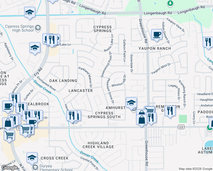map of restaurants, bars, coffee shops, grocery stores, and more near 7422 Pheasant Grove Drive in Cypress