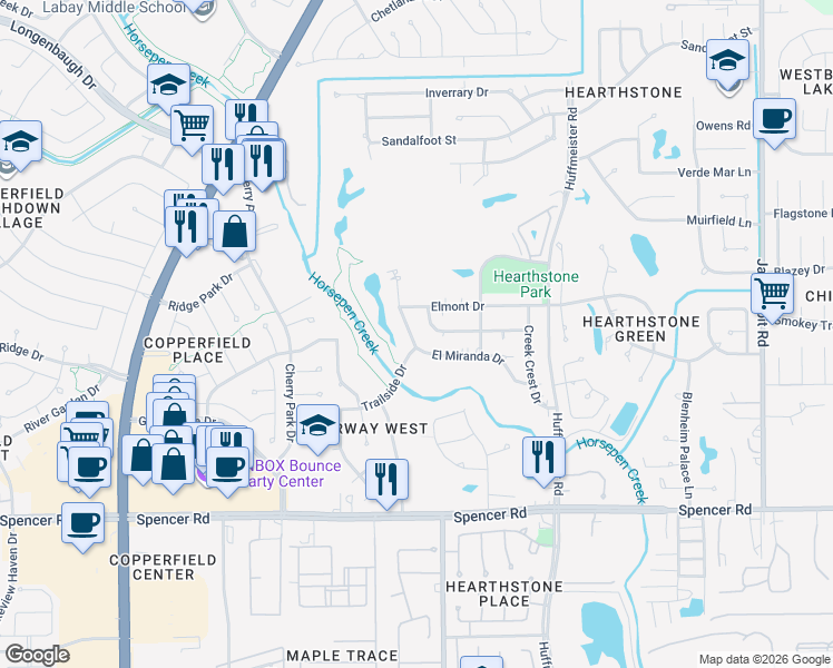 map of restaurants, bars, coffee shops, grocery stores, and more near 7423 Betanna Drive in Houston