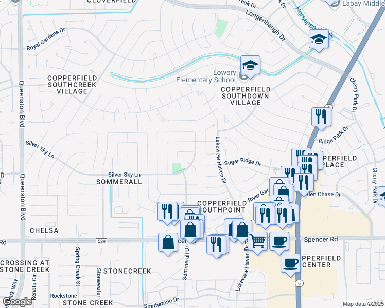 map of restaurants, bars, coffee shops, grocery stores, and more near 16303 Thistleglen Drive in Houston