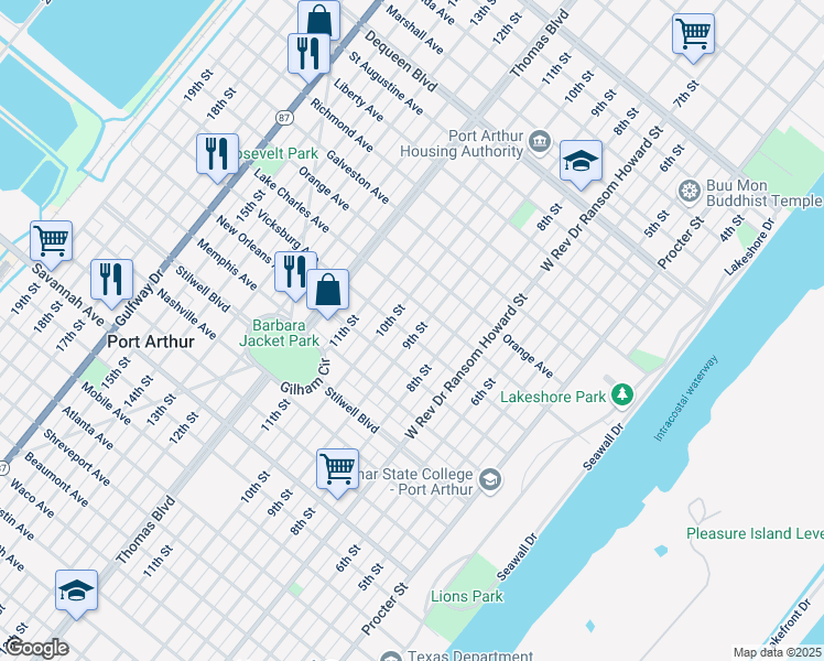 map of restaurants, bars, coffee shops, grocery stores, and more near 1824 10th Street in Port Arthur