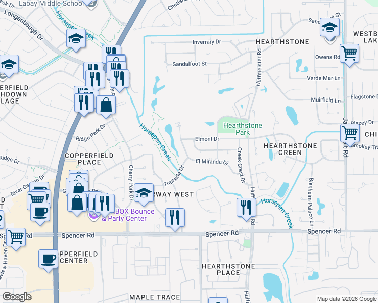 map of restaurants, bars, coffee shops, grocery stores, and more near 7423 Betanna Drive in Houston