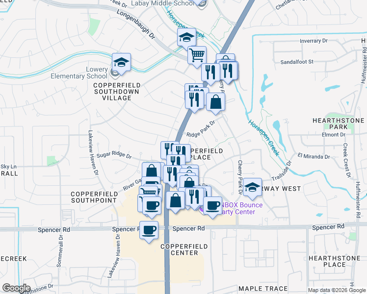 map of restaurants, bars, coffee shops, grocery stores, and more near 7454 River Garden Drive in Houston