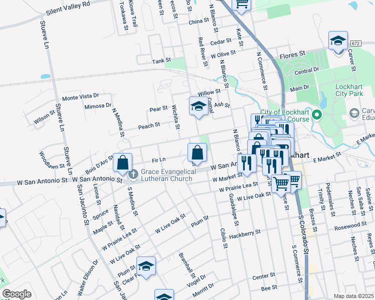 map of restaurants, bars, coffee shops, grocery stores, and more near 510 Bois D'Arc Street in Lockhart