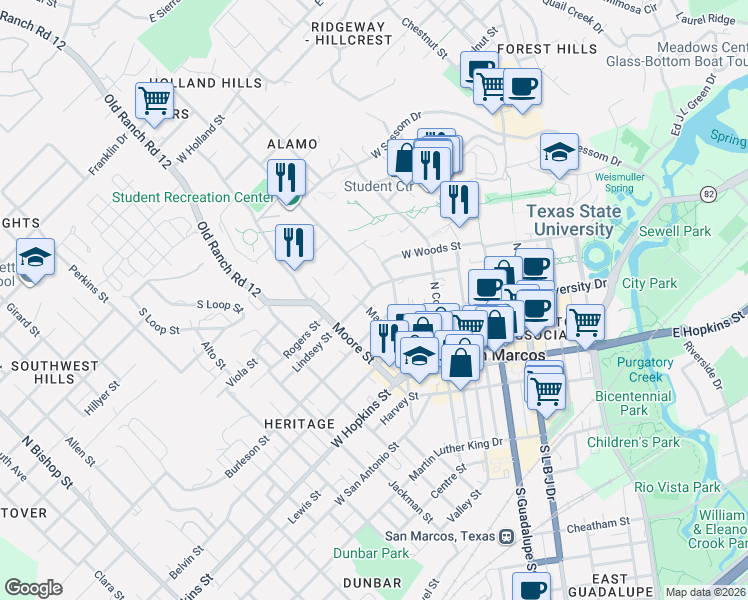 map of restaurants, bars, coffee shops, grocery stores, and more near in San Marcos