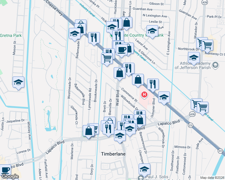 map of restaurants, bars, coffee shops, grocery stores, and more near 111 Wall Boulevard in Gretna