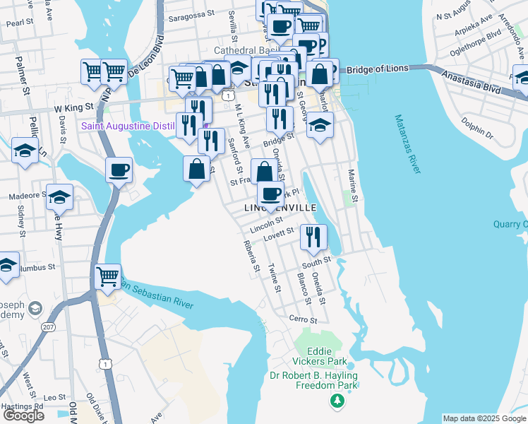 map of restaurants, bars, coffee shops, grocery stores, and more near 100 Martin Luther King Avenue in St. Augustine