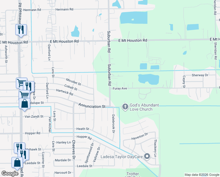 map of restaurants, bars, coffee shops, grocery stores, and more near 11418 Suburban Road in Houston