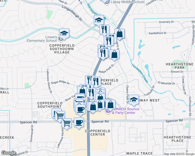 map of restaurants, bars, coffee shops, grocery stores, and more near 7454 River Garden Drive in Houston