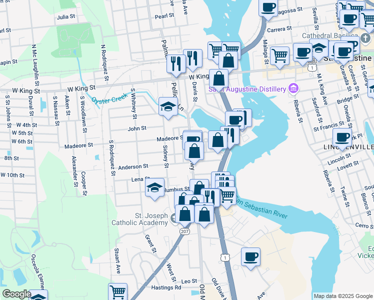 map of restaurants, bars, coffee shops, grocery stores, and more near 15 South Dixie Highway in St. Augustine