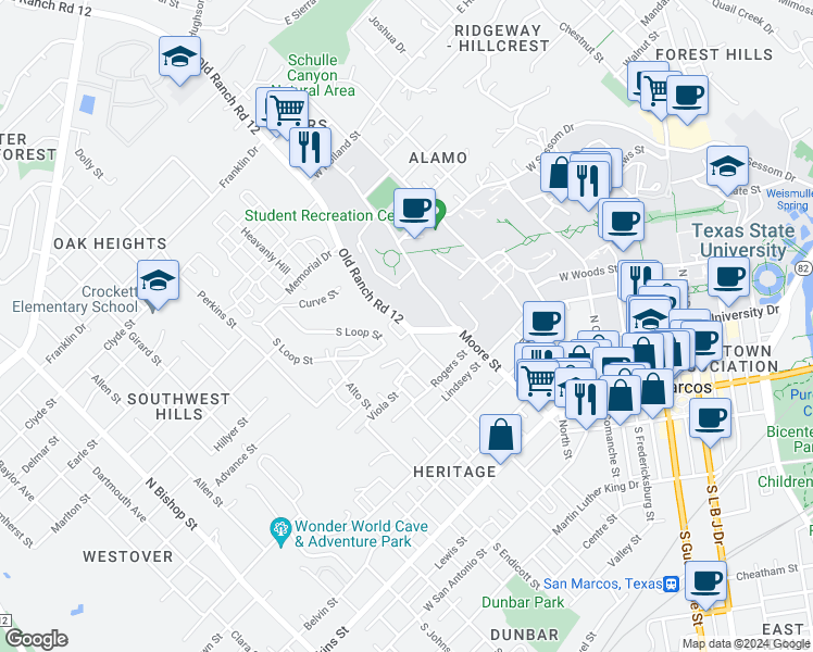 map of restaurants, bars, coffee shops, grocery stores, and more near 805 Old Ranch Road 12 in San Marcos