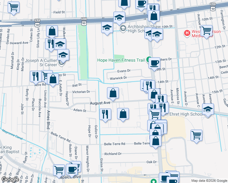 map of restaurants, bars, coffee shops, grocery stores, and more near 1540 Stella Place in Marrero