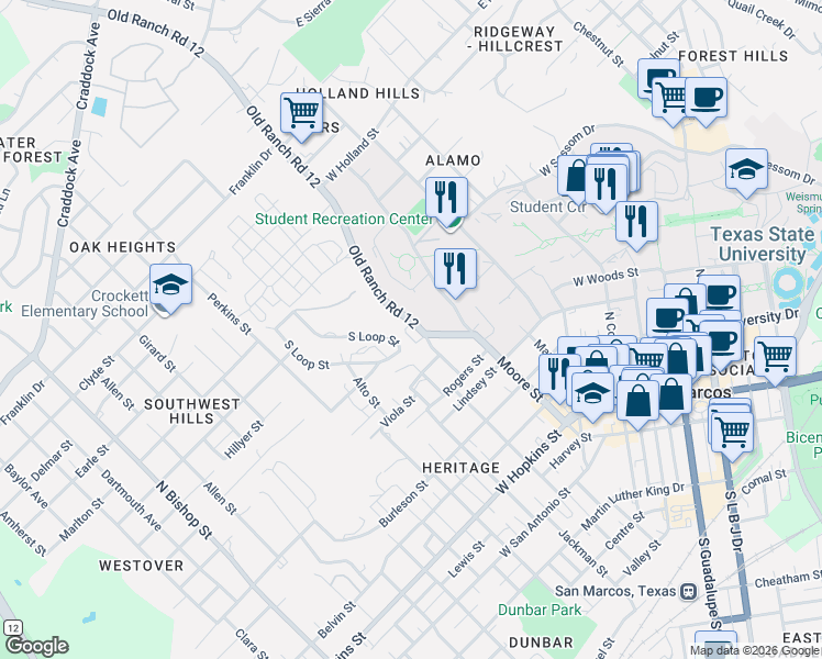 map of restaurants, bars, coffee shops, grocery stores, and more near 631 Moore Street in San Marcos