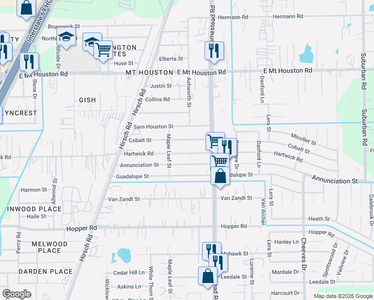 map of restaurants, bars, coffee shops, grocery stores, and more near 5902 Cobalt Street in Houston