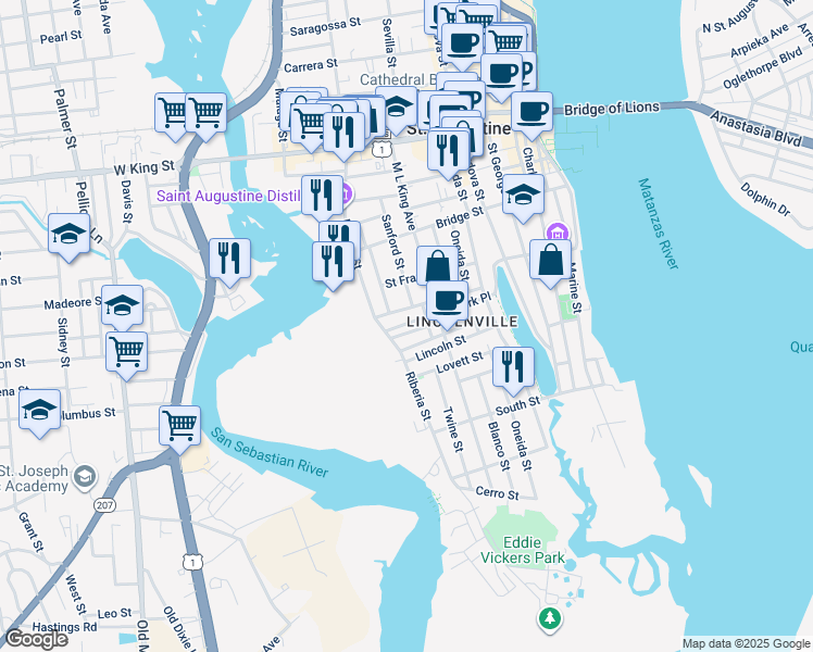 map of restaurants, bars, coffee shops, grocery stores, and more near 81 Weeden Street in St. Augustine