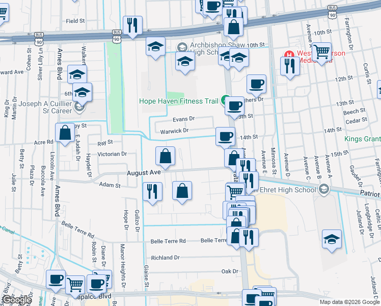 map of restaurants, bars, coffee shops, grocery stores, and more near 1504 Kenneth Street in Marrero