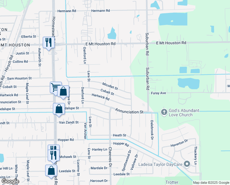 map of restaurants, bars, coffee shops, grocery stores, and more near 11403 Cheeves Drive in Houston