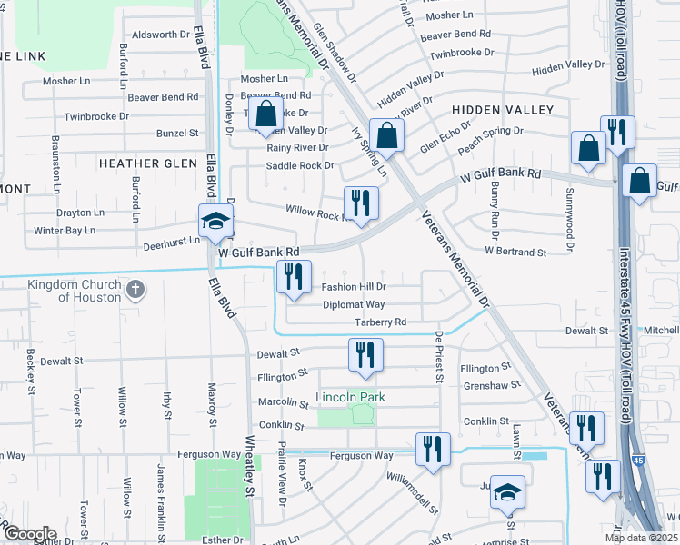 map of restaurants, bars, coffee shops, grocery stores, and more near 1441 West Gulf Bank Road in Houston