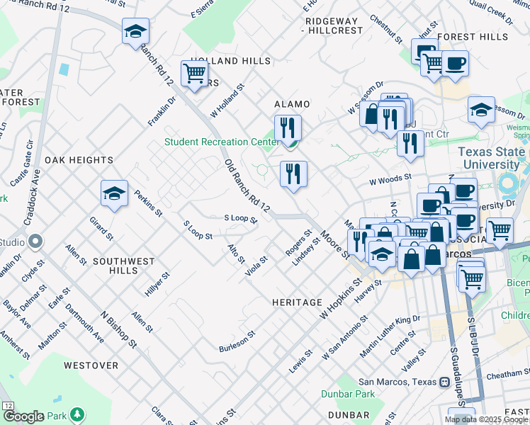map of restaurants, bars, coffee shops, grocery stores, and more near 631 Moore Street in San Marcos