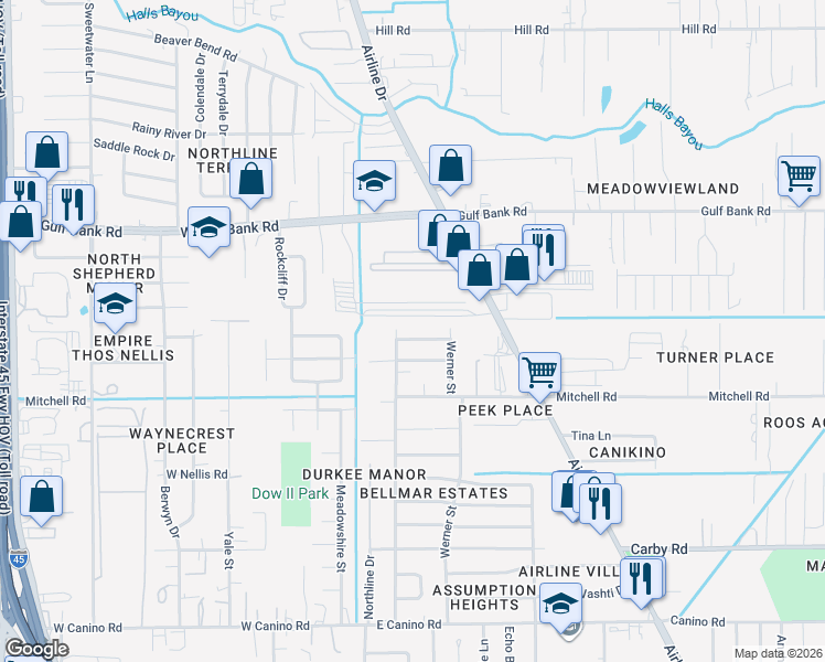 map of restaurants, bars, coffee shops, grocery stores, and more near 8707 Airline Drive in Houston
