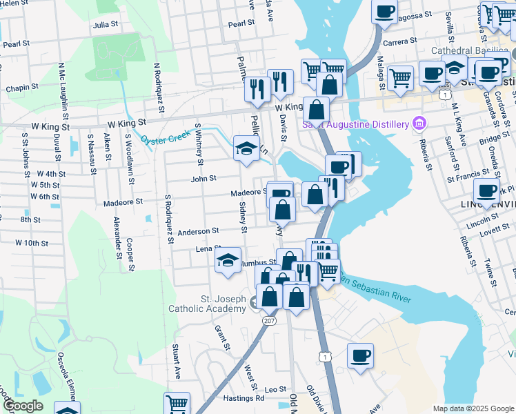 map of restaurants, bars, coffee shops, grocery stores, and more near 4 Eastman Street in St. Augustine