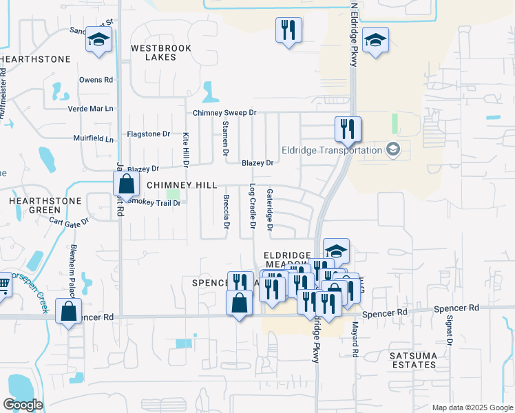 map of restaurants, bars, coffee shops, grocery stores, and more near 7423 Gateridge Drive in Houston