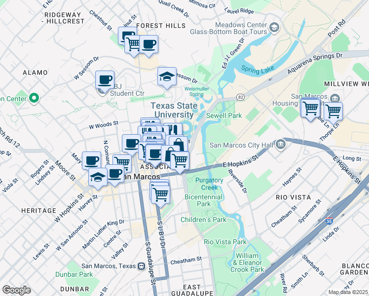 map of restaurants, bars, coffee shops, grocery stores, and more near 312A University Drive in San Marcos