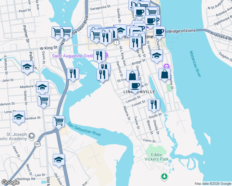 map of restaurants, bars, coffee shops, grocery stores, and more near 152 Riberia Street in St. Augustine