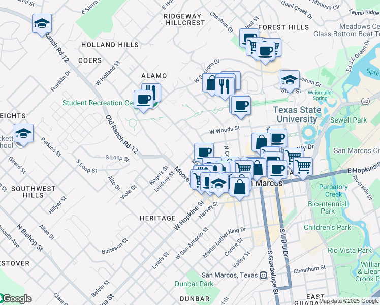 map of restaurants, bars, coffee shops, grocery stores, and more near in San Marcos