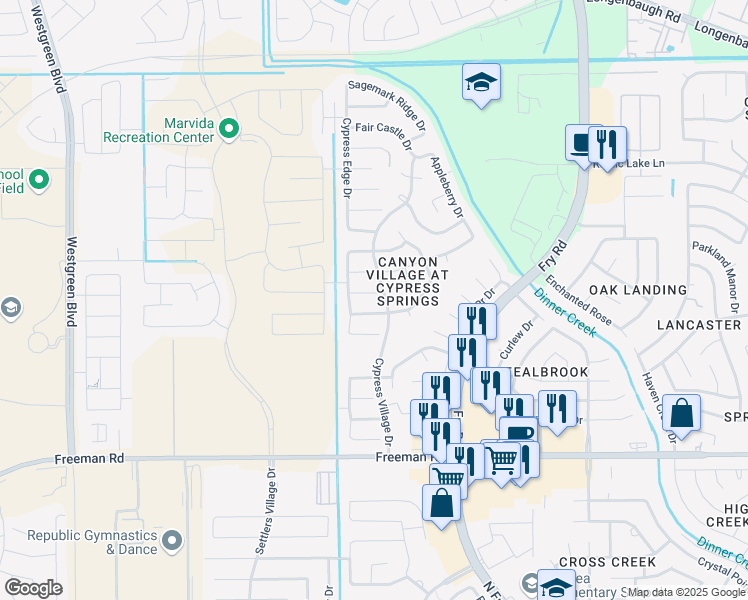 map of restaurants, bars, coffee shops, grocery stores, and more near 20707 Key Oak Lane in Cypress