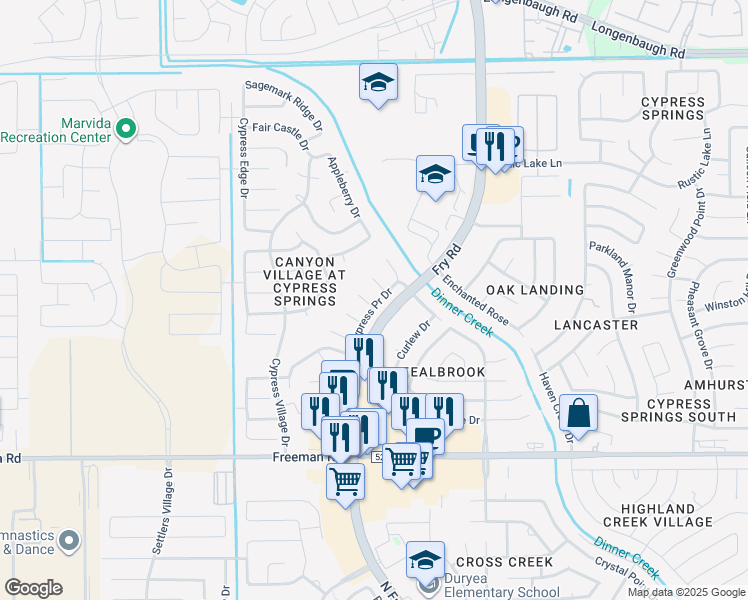 map of restaurants, bars, coffee shops, grocery stores, and more near 20502 Baden Hollow Lane in Cypress