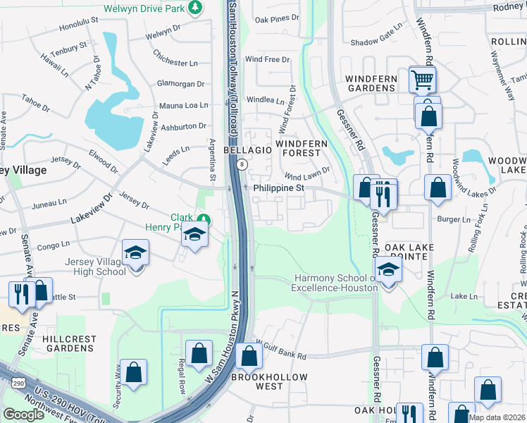 map of restaurants, bars, coffee shops, grocery stores, and more near 14651 Philippine Street in Houston