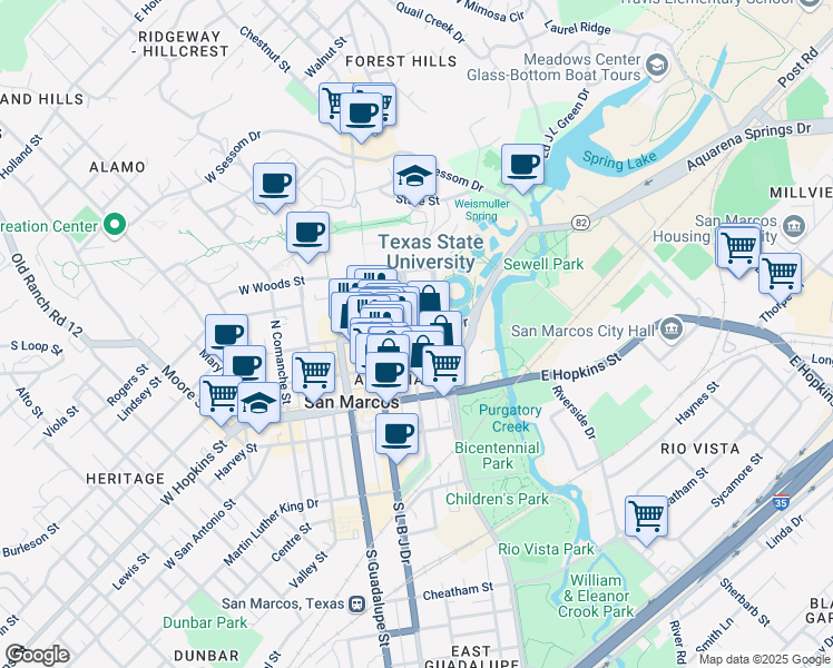 map of restaurants, bars, coffee shops, grocery stores, and more near 487 North Edward Gary Street in San Marcos