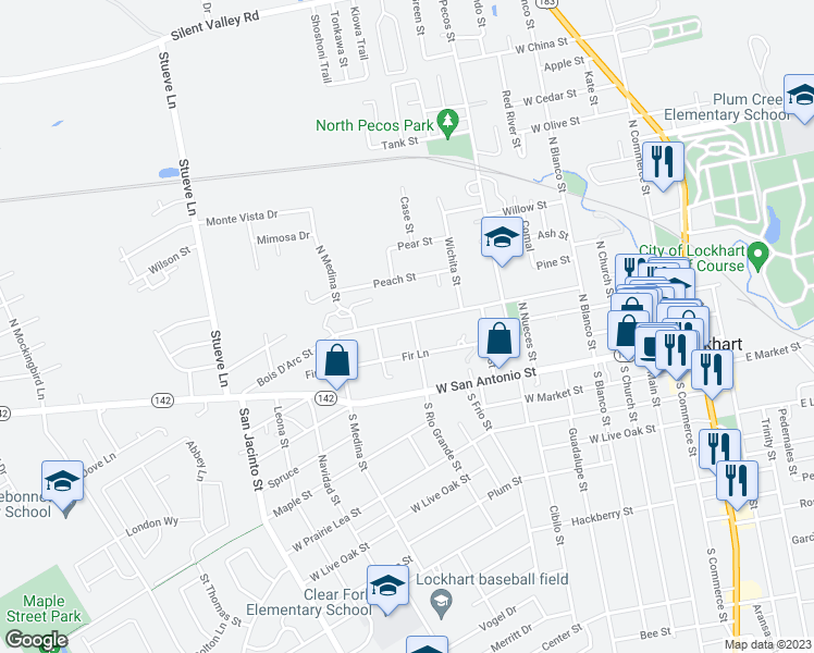 map of restaurants, bars, coffee shops, grocery stores, and more near 700 Bois D'Arc Street in Lockhart