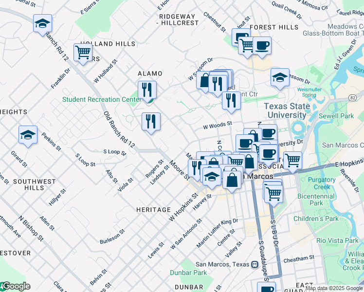 map of restaurants, bars, coffee shops, grocery stores, and more near in San Marcos