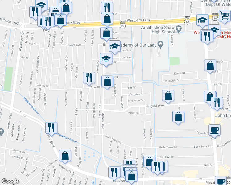 map of restaurants, bars, coffee shops, grocery stores, and more near 1562 East Judah Drive in Marrero