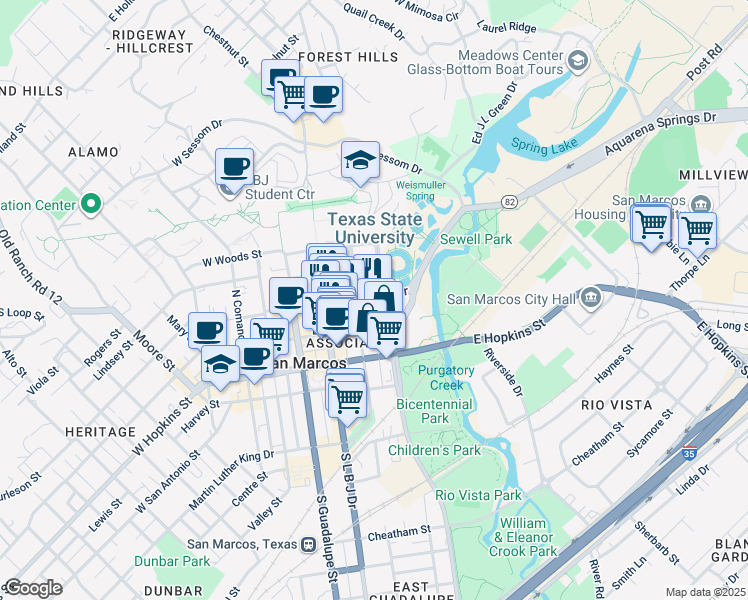 map of restaurants, bars, coffee shops, grocery stores, and more near 312A University Drive in San Marcos