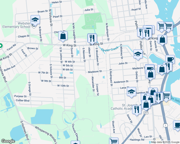map of restaurants, bars, coffee shops, grocery stores, and more near 1001 Aiken Street in St. Augustine
