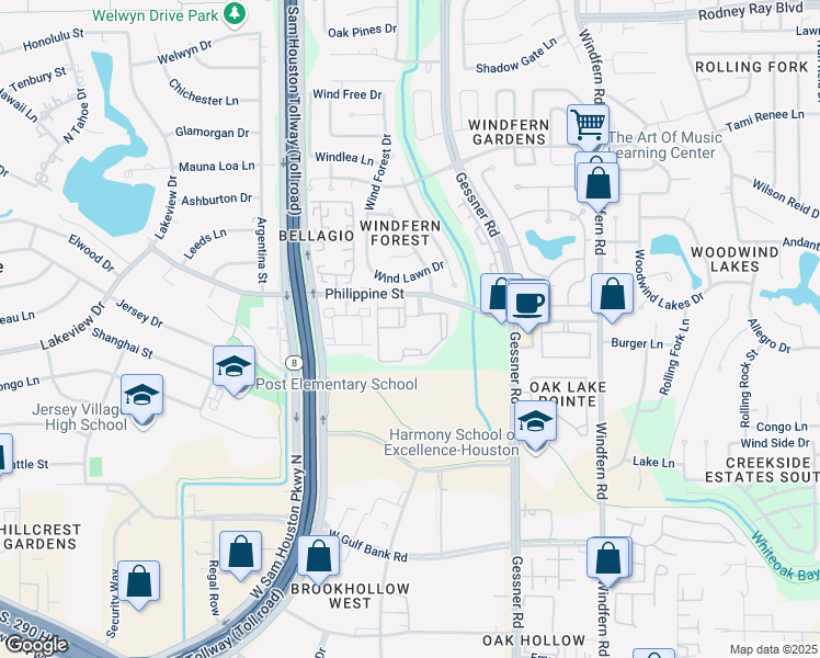 map of restaurants, bars, coffee shops, grocery stores, and more near 14651 Philippine Street in Houston