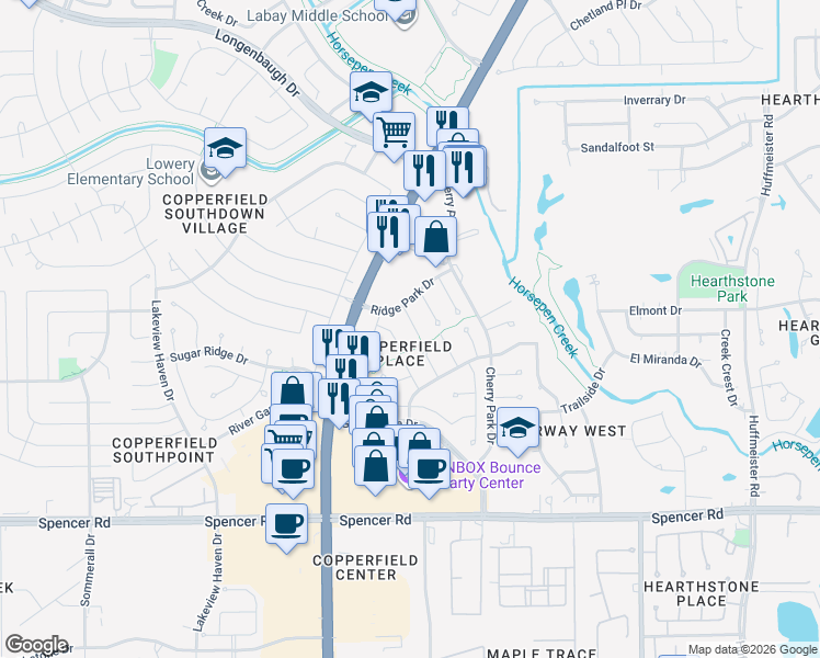 map of restaurants, bars, coffee shops, grocery stores, and more near 7419 Hollow Ridge Drive in Houston