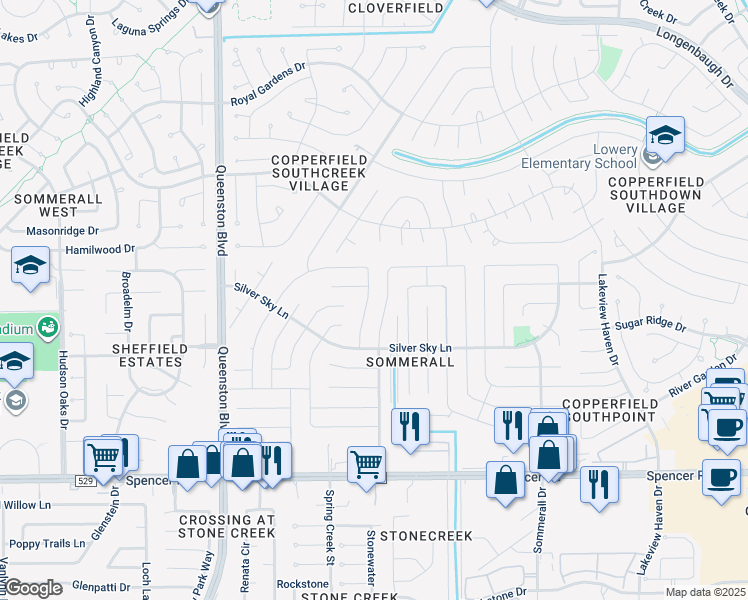 map of restaurants, bars, coffee shops, grocery stores, and more near 16707 Pebbleglen Drive in Houston