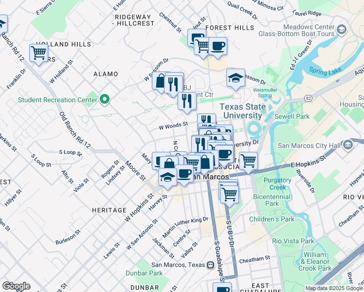 map of restaurants, bars, coffee shops, grocery stores, and more near 428 North Comanche Street in San Marcos
