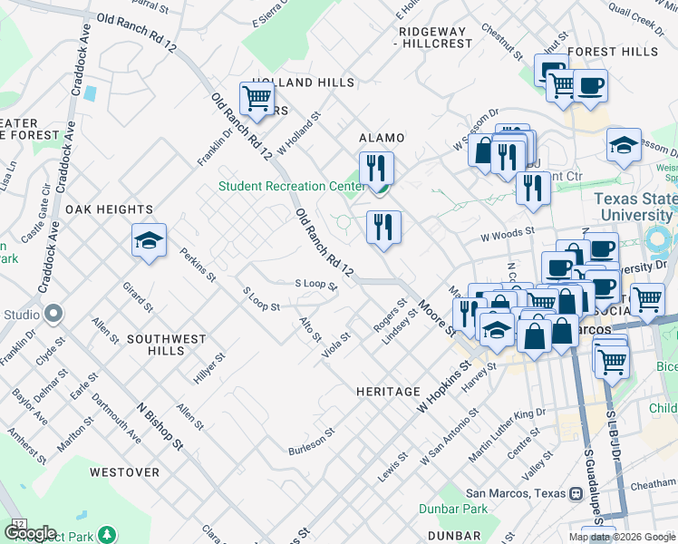 map of restaurants, bars, coffee shops, grocery stores, and more near 835 Ranch Road 12 in San Marcos
