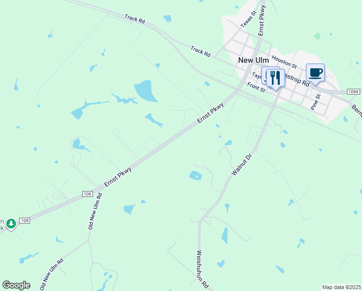 map of restaurants, bars, coffee shops, grocery stores, and more near 638 Farm to Market Road 109 in New Ulm
