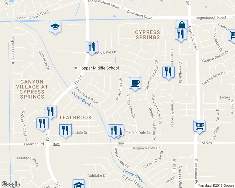 map of restaurants, bars, coffee shops, grocery stores, and more near 7343 River Pines Drive in Cypress