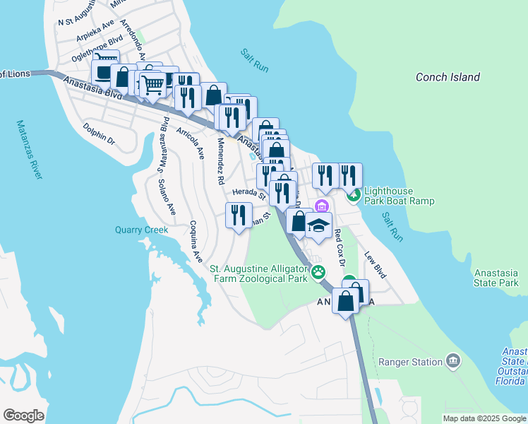 map of restaurants, bars, coffee shops, grocery stores, and more near 212 Carver Street West in St. Augustine