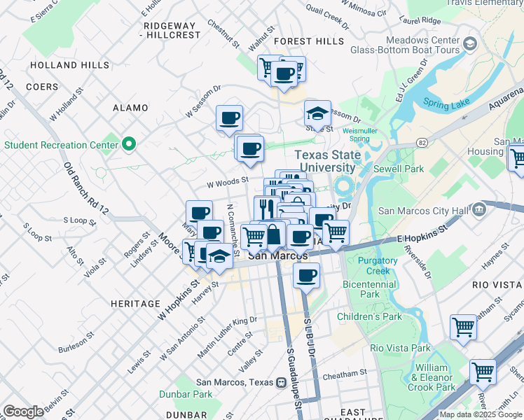 map of restaurants, bars, coffee shops, grocery stores, and more near 101 Concho Street in San Marcos