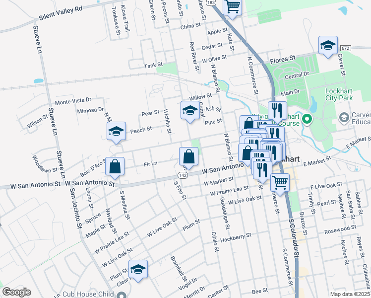map of restaurants, bars, coffee shops, grocery stores, and more near 510 Bois D'Arc Street in Lockhart