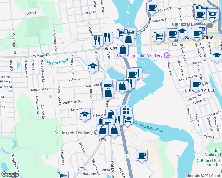 map of restaurants, bars, coffee shops, grocery stores, and more near 15 South Dixie Highway in St. Augustine