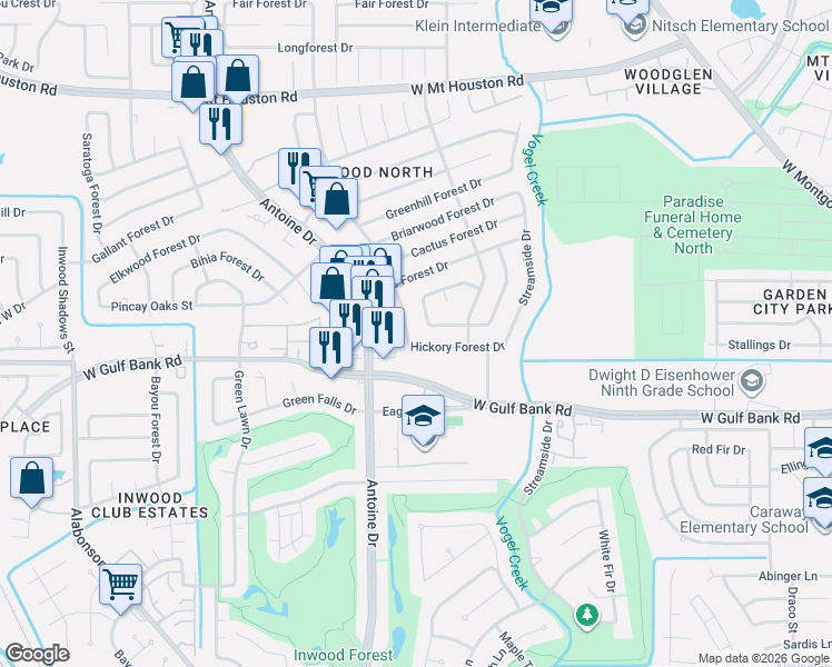 map of restaurants, bars, coffee shops, grocery stores, and more near 8014 Enchanted Forest Drive in Houston