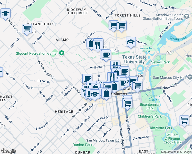 map of restaurants, bars, coffee shops, grocery stores, and more near 323 Lindsey Street in San Marcos